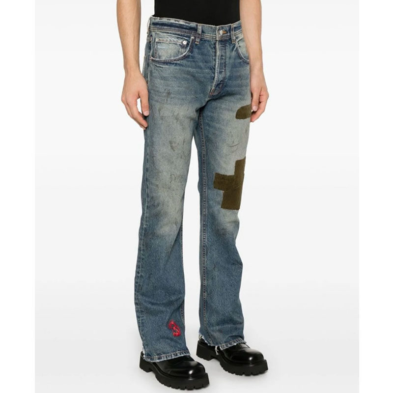 Erd's Melancholic Rich Kid-Style Patchwork Velvet Distressed Slim Washed Cut-Out Flared Jeans