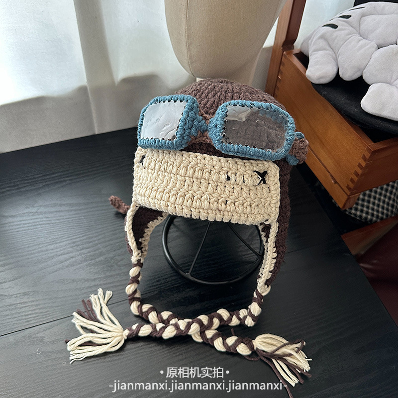 檀健次同款眼镜可拆卸毛线帽子女搞怪护耳针织飞行帽雷锋帽显脸小|undefined