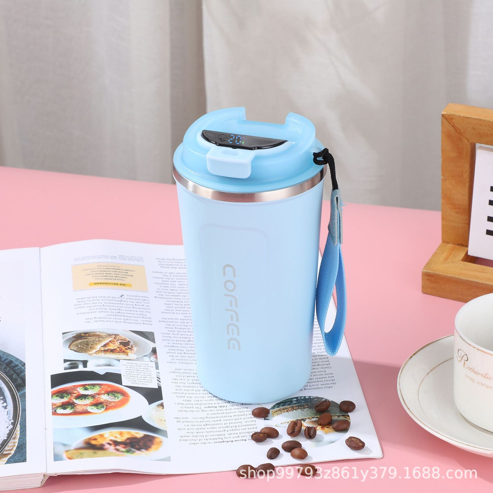 Taza de café inteligente de temperatura 304 taza de acero inoxidable portátil de cuerda de transporte de automóviles de oficina para hombres y mujeres con logotipo de impresión