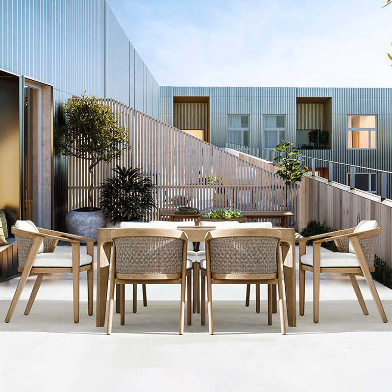 Mesa y silla de teca al aire libre de caña patio villa al aire libre balcón combinación de caña impermeable solar ocio muebles de madera maciza