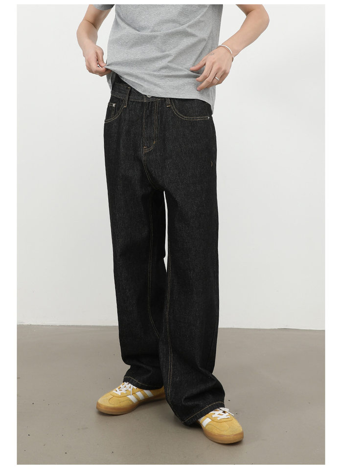 Quần jean nam ống rộng lưng giữa form suông thoải mái phong cách cơ bản — Denim đen, màu xanh denim chi tiết 12