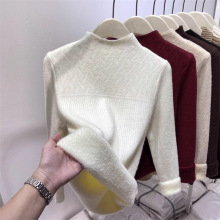 一体绒半高领毛衣女秋冬新款加绒加厚针织打底衫百搭宽松保暖上衣
