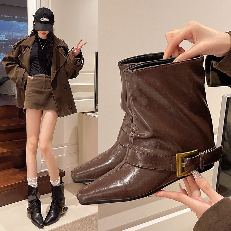 Pointed Leather Belt Buckle Fashion Boots for Women 2025 Autumn and Winter New British Style Boots Fashionable Elegant Slim Short Boots Trendy