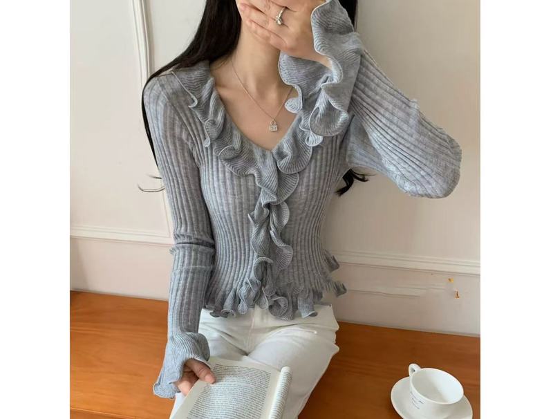 温柔风荷叶边针织长袖t恤女秋季2025新款收腰显瘦独特超好看上衣|undefined