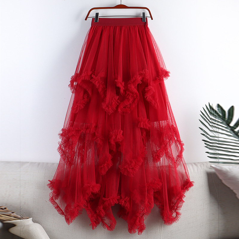 Sweet Asymmetrical Mesh Skirt 2025 New High-Waisted Mid-Length A-Line Fluffy Fairy Cake Skirt Skirt for Women