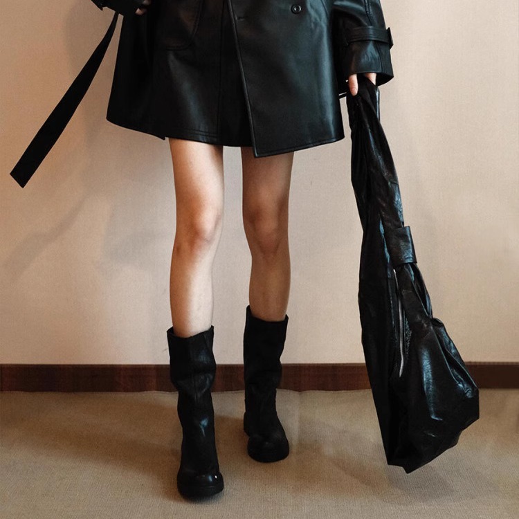 牛皮版~法式辣妹风真皮柔软舒适裤管靴女复古时髦黑色宽筒中筒靴|undefined