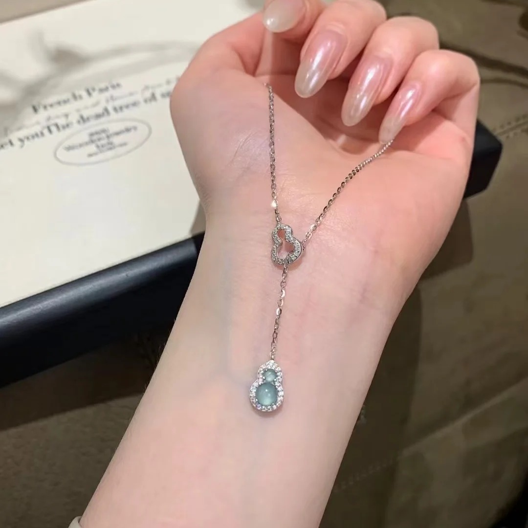 S pure silver exquisite ice jade dangerous material new Chinese style double gourd necklace women's clear cold feeling_voghion.com