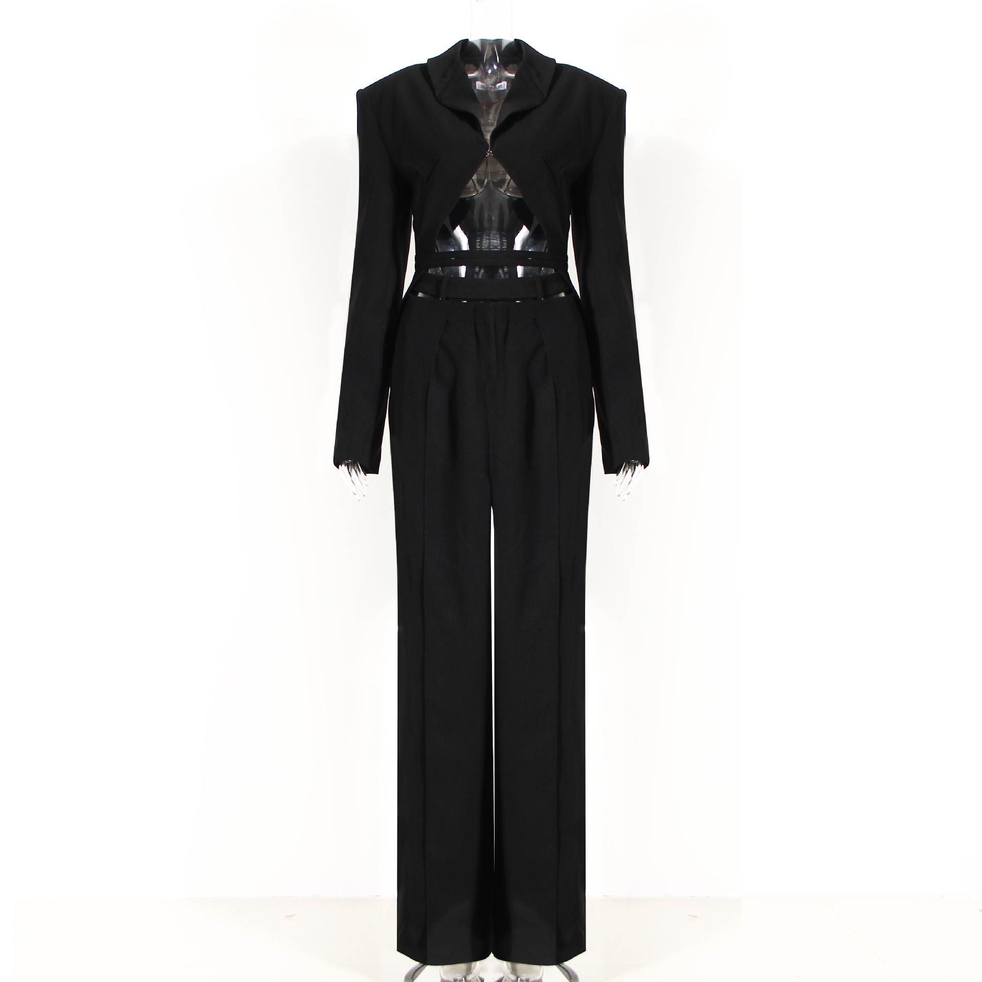 Women's Clothing Niche design deconstructed herringbone suit female tie wide shoulder suit jacket hollow straight pants two piece suit_voghion.com
