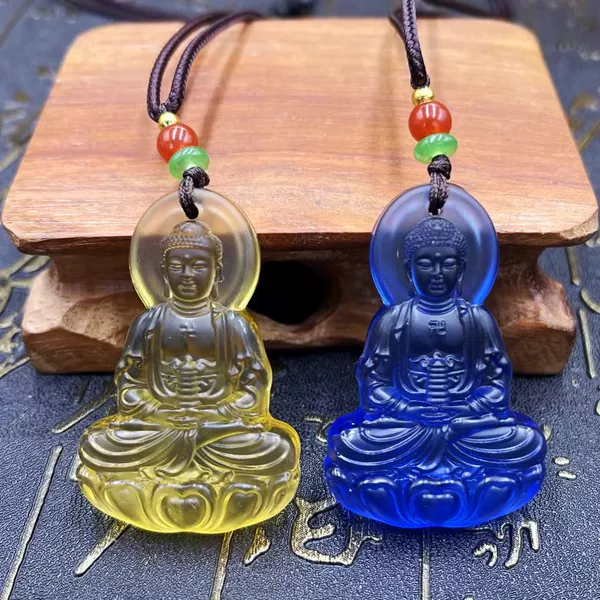 Glaze three-dimensional Medicine Buddha pendant bead chain Blue birth Buddha pendant men's and women's bound Buddha necklace