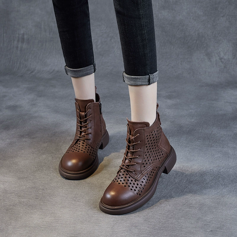 Весна и лето Новые полые сапоги 2023 Винтажные ботинки Martin ручной работы сапоги телесного цвета с дышащими отверстиями, Универсальные ботинки на массивном каблуке