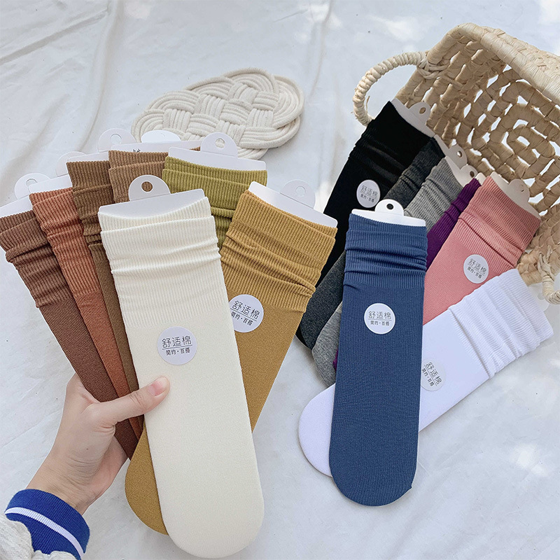 Socks Women's Stacked Socks Autumn and Winter New ins Solid Color Thin Cotton Candy Color Japanese Style Mid-length Socks Roll-up Moon Socks