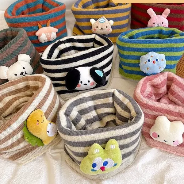 Children's Cartoon Scarf for Boys and Girls, Warm Neck Protector, Autumn and Winter Windproof Striped Scarf for Babies, Versatile