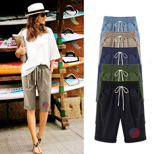 Summer New European and American Cross-border Export Cotton and Linen Drawstring Independent Day Fashion Street Print Women's Hot-selling Casual Shorts