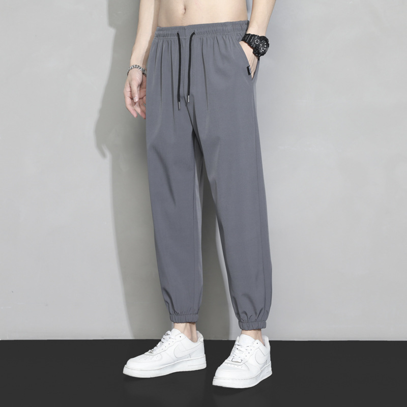 Men's Summer Thin Loose Ankle Speed-Dry Sports Pants with Ice Silk Fabric, 9/10 Length, Summer Workwear and Casual Long Trousers