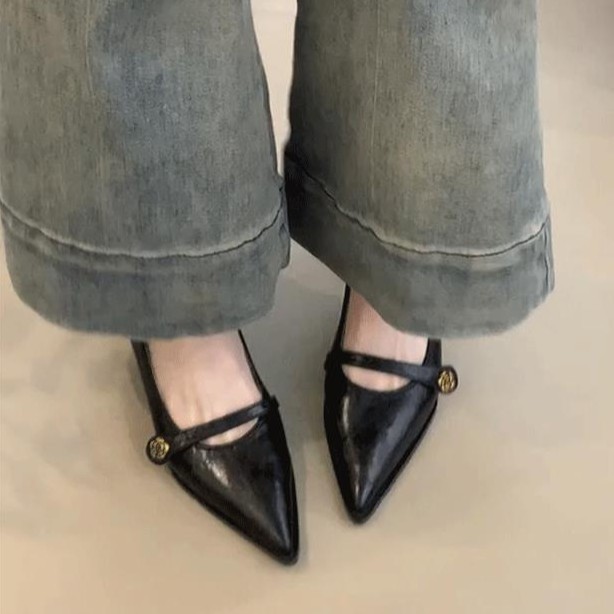Versión de cuero de vaca ~ primavera y otoño estilo francés de tacones altos de punta, zapatos de tacones altos, zapatos poco profundos para mujeres, zapatos de talón grueso