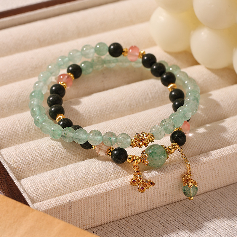 Nuevo estilo chino doble capa usando amatista cristal blanco ojo de tigre piedra verde fresa cristal de piedra natural pulsera de cuentas pulsera mujer