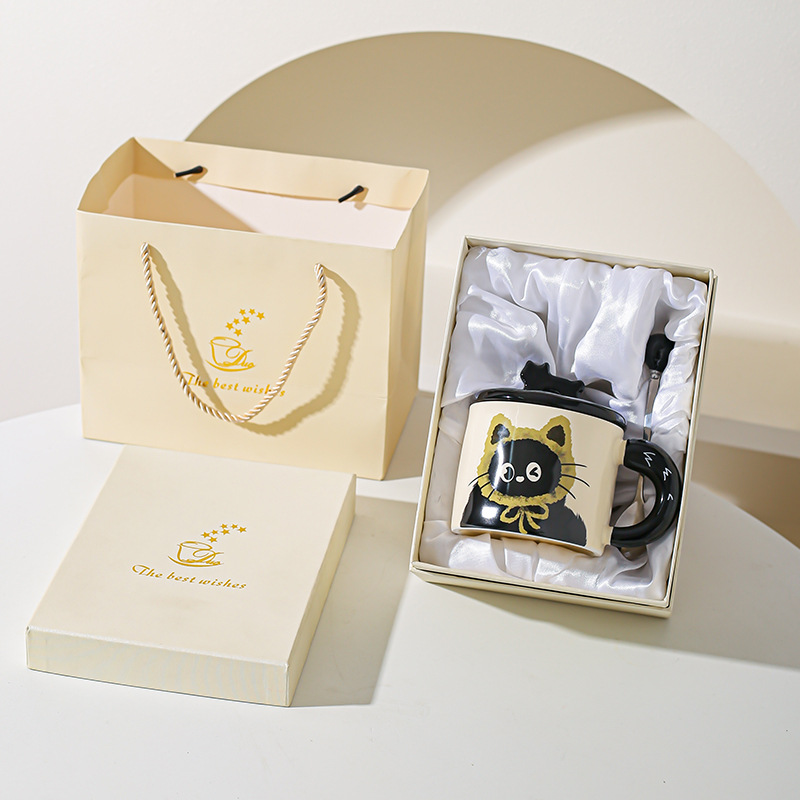 Cute gato gato taza de oficina taza de cerámica con taza de agua cubierta regalo pareja acompañante caja de regalo creativa de cumpleaños