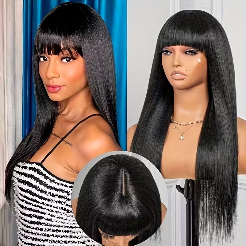Cross-Border Foreign Trade Women's Fashion European and American Long Straight Hair with Air Bangs Wig Chemical Fiber Full Headgear Manufacturer Ready Stock