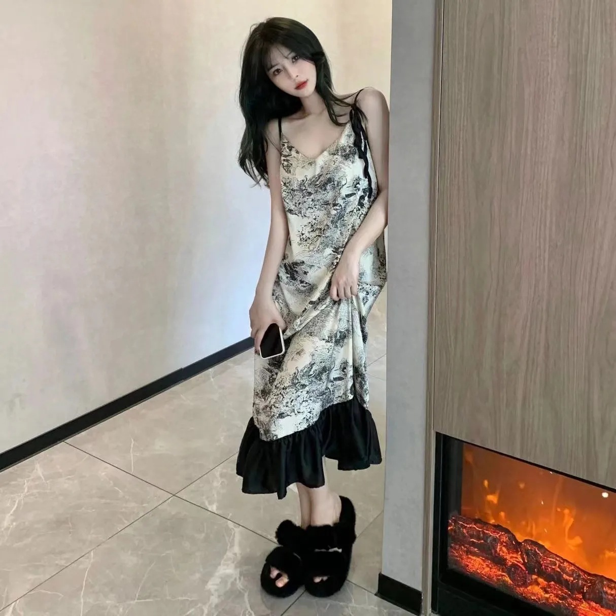 Pijama de mujer lindo dulce algodón pijama de rodilla estudiante V-collar vientos vestidos de casa falda de verano
