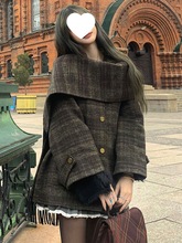 坠入暮色 秋冬新款复古格纹斗篷披肩毛呢外套呢子大衣女冬季