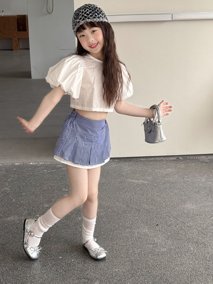 Verano de la princesa de la niña de la nueva versión coreana bordada azul de 100 pantalones para niños de cintura alta vestido corto blanco