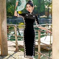 Бархатное длинное платье Cheongsam Ежедневно Весна и Осень 2023 Новый Ретро Черный Длинный Улучшенный Cheongsam