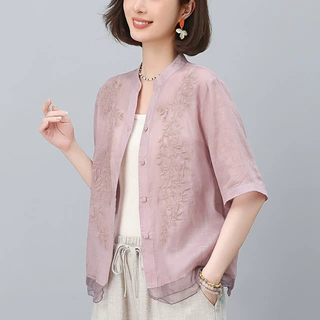 纯苎麻中袖衬衫女夏季2025新款妈妈宽松休闲气质V领绣花小衫上衣