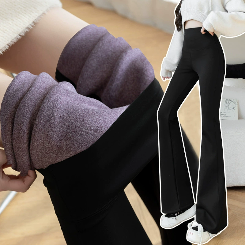 Осенне-зимние женские брюки-клеш на флисовой подкладке, с высокой талией, больших размеров, утолщенные, слегка расклешенные, для йоги, моделирующие фигуру, удлиненные леггинсы.