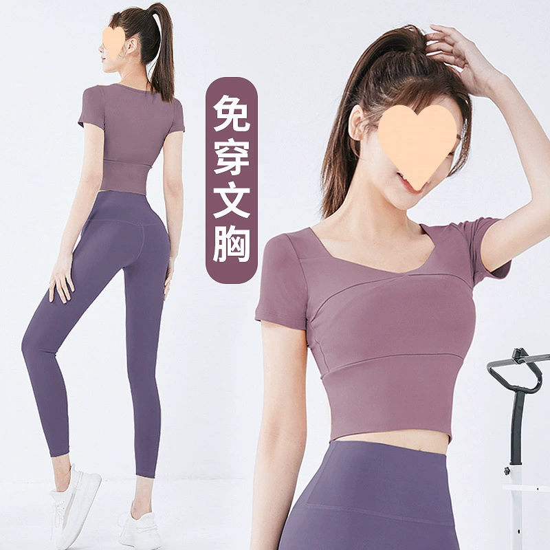 Одежда для йоги для женщин с нагрудными подушечками для бега, фитнеса, спортивных тренировок с короткими рукавами, быстросохнущие топы, плотный летний тонкий новый костюм