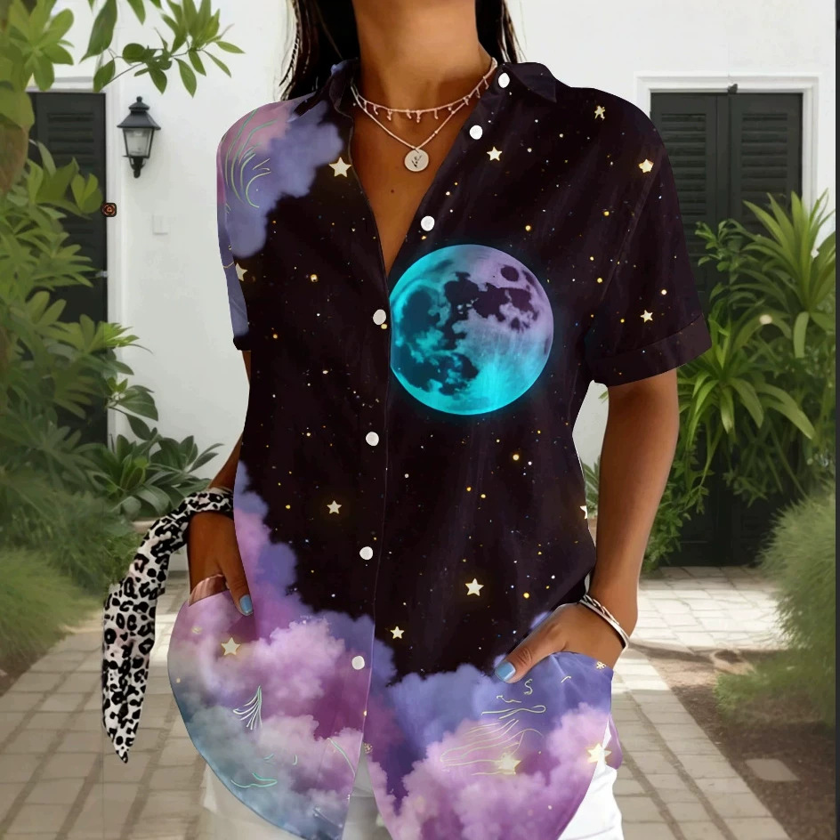2026夏季新款烟花星空印花衬衫女 短袖翻领宽松休闲衬衣 百搭女装 女装厂家批发实拍图