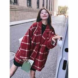 2025年红色格子毛呢西装毛呢外套女冬新款短款小个子宽松加厚呢子