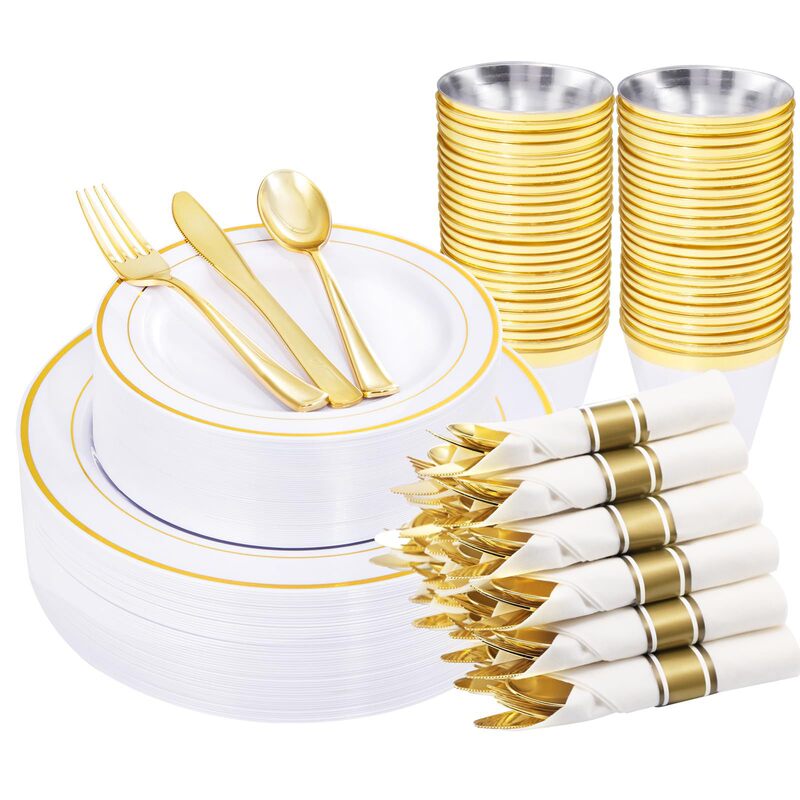 Premium Party Silver Rose Gold Edge Plate Set Plastic Cup Knife Fork Spoon Disposable Tableware in Stock Amazon