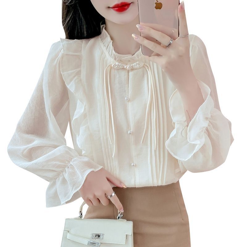 2024春季新款新中式气质盘扣雪纺荷叶长袖洋气女士衬衫小衫上衣