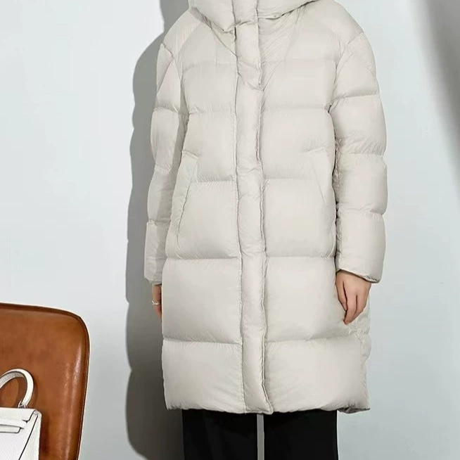 Velvet down jacket, long hat with down, white clothing, duck down, mid-length