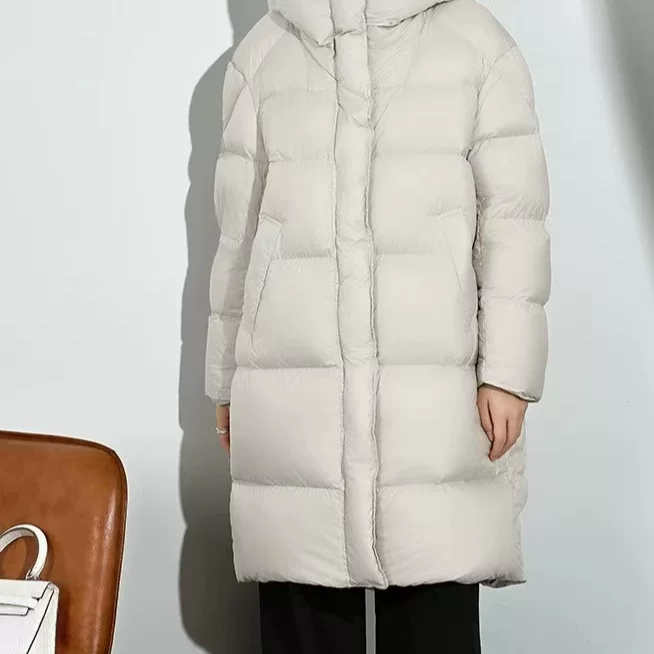 Velvet down jacket, long hat with down, white clothing, duck down, mid-length