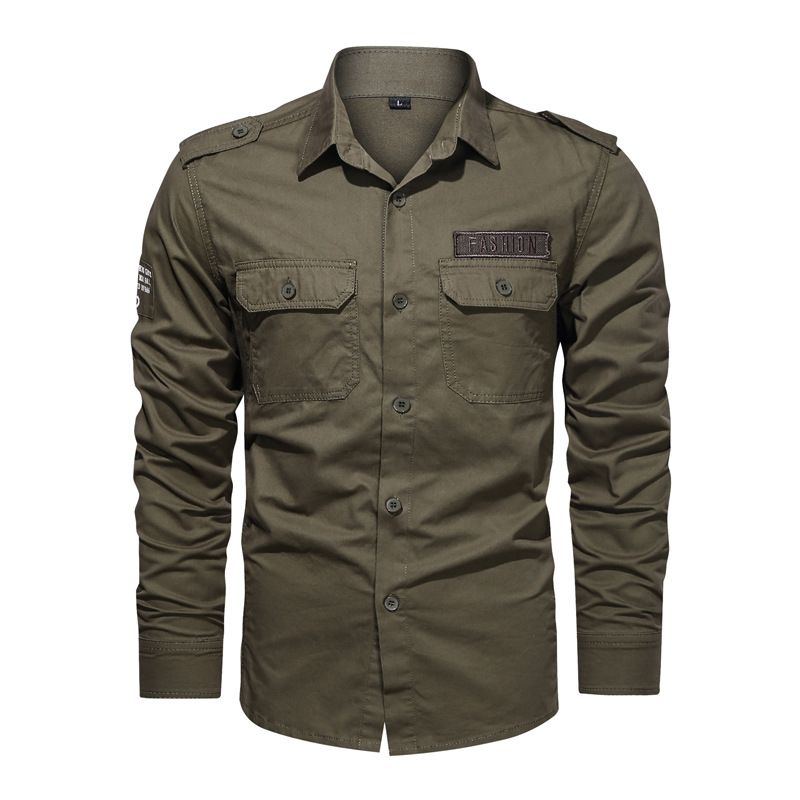 2023 primavera y otoño nuevo hombre camisa militar casual camisa Aliexpress camisa juvenil de mediana edad chaqueta de color sólido