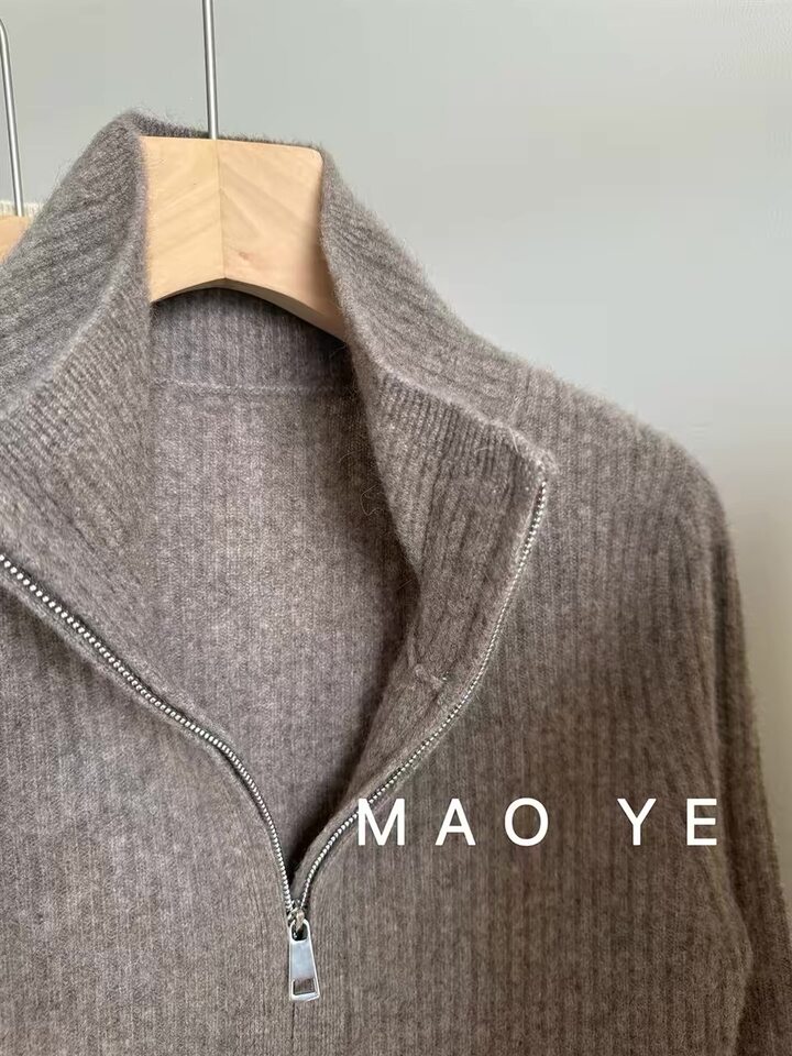 Áo khoác cardigan len lông cừu nguyên chất dài tay cổ bán cao, khóa kéo đôi, sọc gân dọc tôn dáng — Màu cà phê, Màu tự nhiên, màu đen chi tiết 11