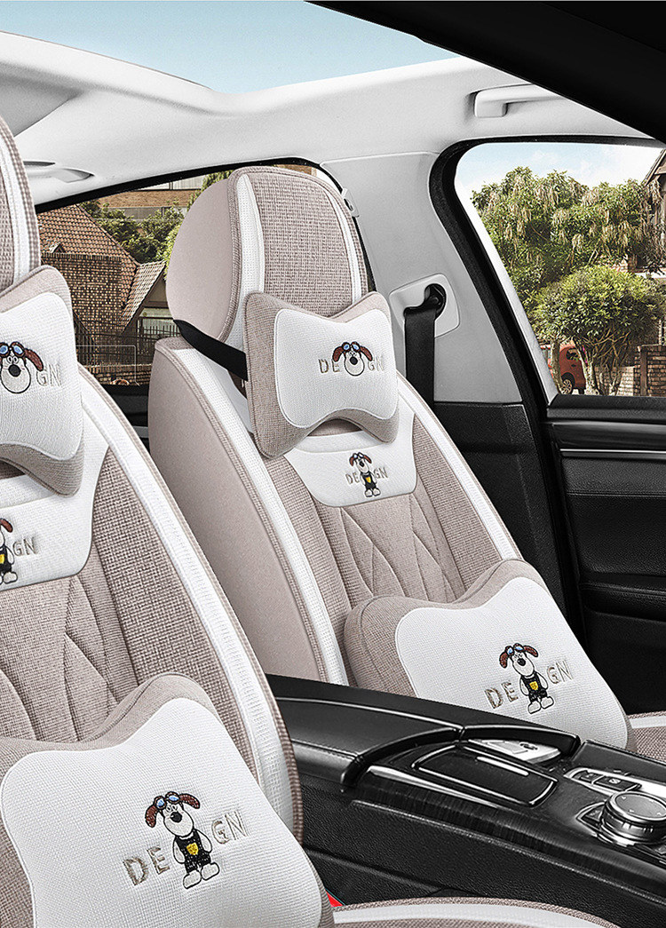 Car Seat Cushion Full Surround, Universal for All Seasons, Cartoon Linen Fabric Car Seat Cover, Special Seat Cover for Small Cars