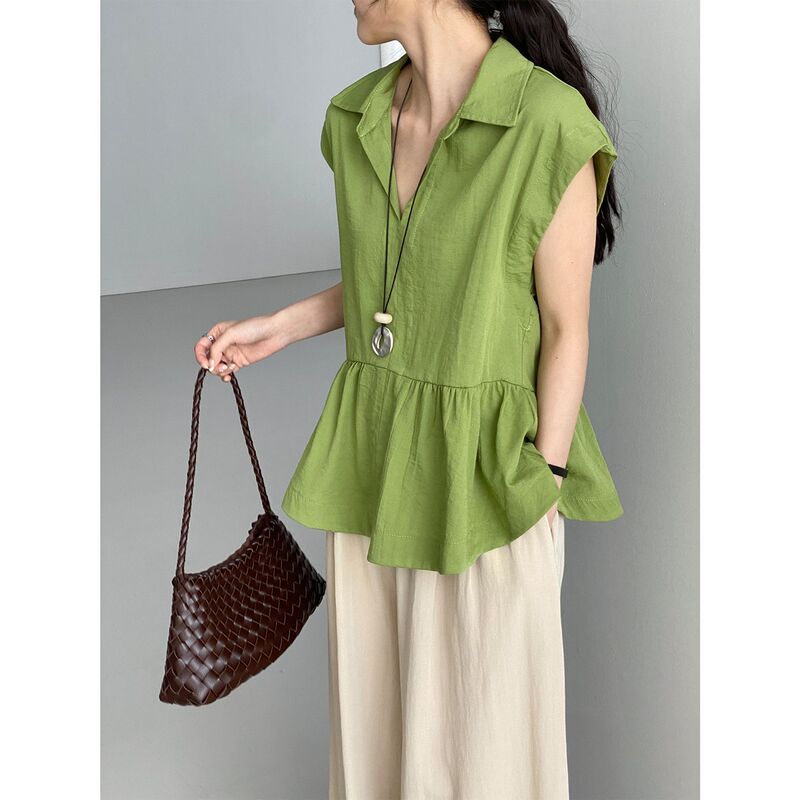 Then, When It Comes to Commuting, the Korean-Style Collared Ruffle Shirt for Women Is a Top Choice for Summer, with a Youthful Look and Small Flutter Sleeves T-Shirt Top C3788