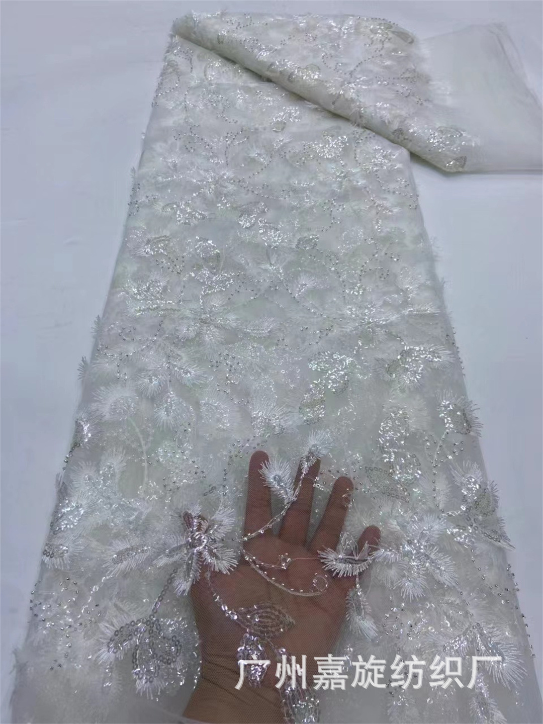 Retro hermosa flor flotante bordado con cuentas de tela de encaje vestido de flor llena vestido de tela de Bordado de hilo ligero JX4000