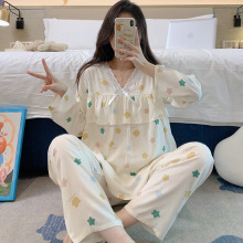 防凸点睡衣女春秋季大码棉绸家居服免穿内衣夏天月子服绵绸套装薄