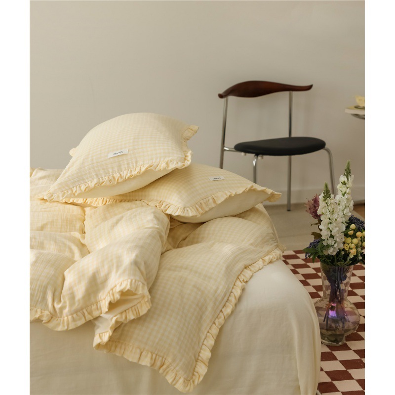 浪漫奶油格子全棉双层纱布四件套少女心纯棉花边被套柔软床上用品