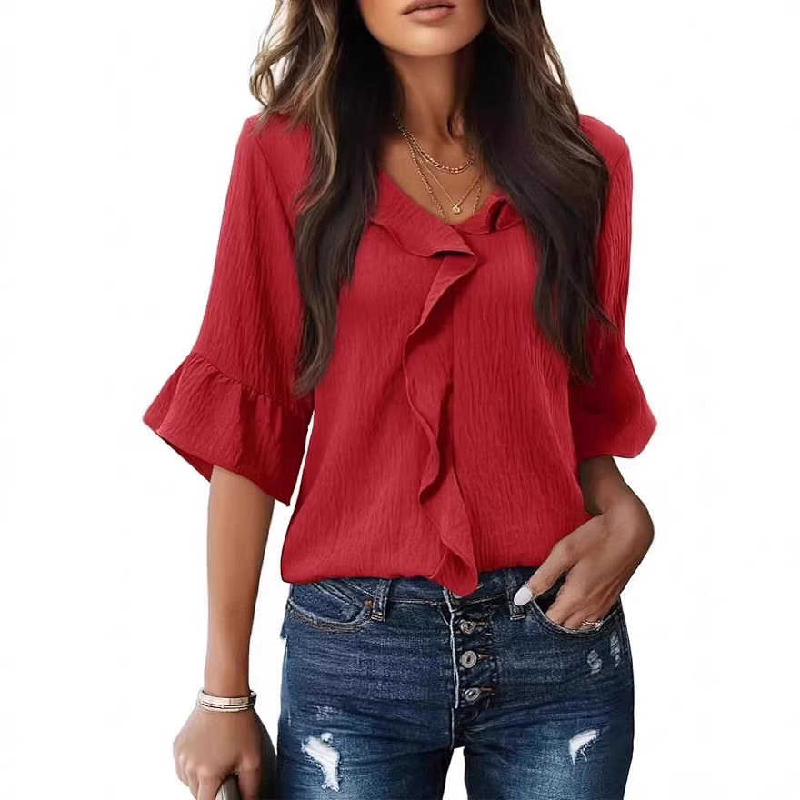 Women's V-Neck Ruffle Blouse With Flutter Sleeves, Flowy Cold Silk Relaxed Top For Elegant Casual Wear_voghion.com