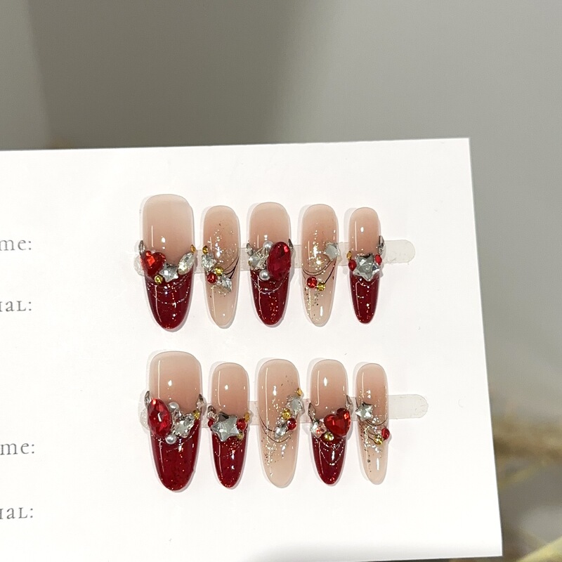 Purely Handmade High-End Wine Red New Year Nail Art Pieces, European and American Style Full Diamond Wedding Nails, Sparkling Fake Nail Stickers