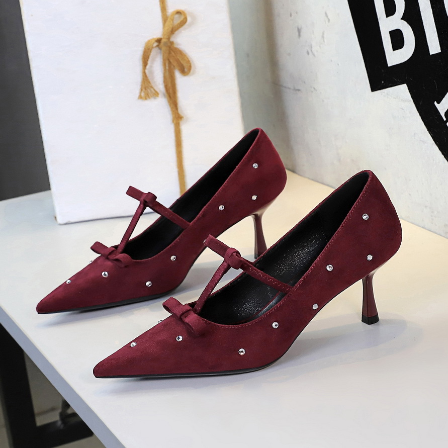 9517-1 Women's High Heels With Bowknot, Elegant And Sexy, Thin Heel, Shallow Mouth, Suede, Pointed Toe, Rhinestone,_vogvips.com