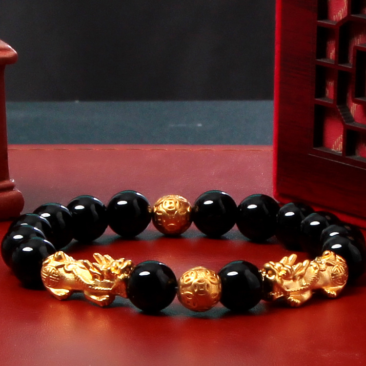 红玛瑙越南沙金貔貅手链 男女款黑曜石仿黄金首饰手串批发