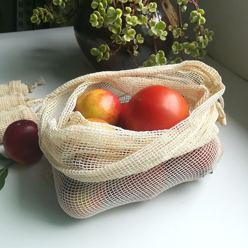 Bolsa de malla de algodón orgánico natural bolsa de cordón de malla de algodón vegetal y fruta bolsa de cordón de almacenamiento de frutas al por mayor