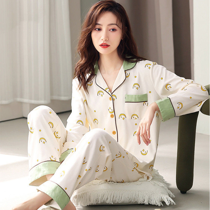 De gama alta 100% pijamas de algodón de las mujeres de primavera y otoño de verano de manga larga cardigan dulce casual suelta casa desgaste mamá traje