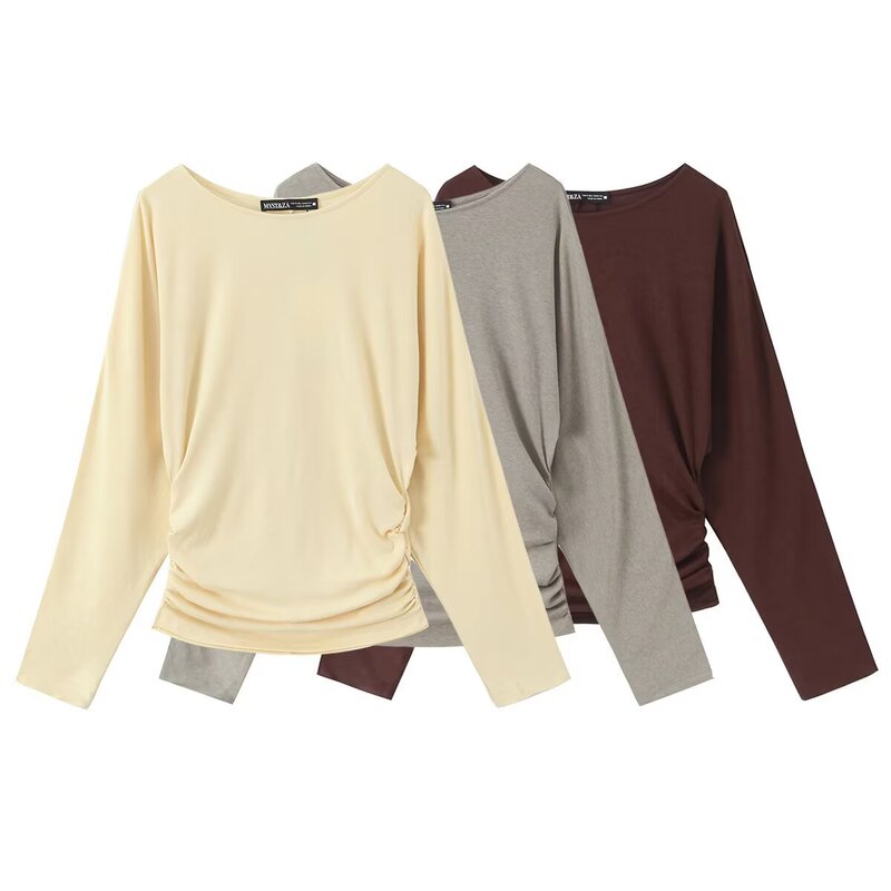 Foreign Trade Wholesale Spring New Style European and American Style Three-Color Side Pleated T-Shirt 4813310 Foreign Trade Wholesale Spring New Style European and American Style Three-Color Side Pleated T-Shirt 4813310