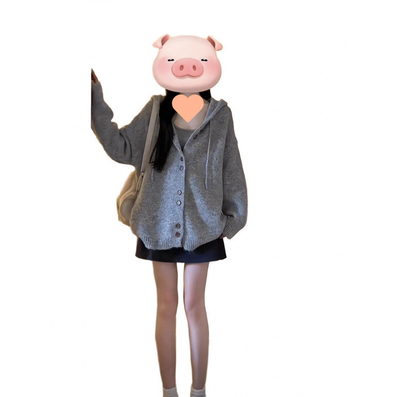 慵懒风开衫外套女灰色连帽毛衣秋冬季韩系穿搭oversize针织衫上衣|undefined
